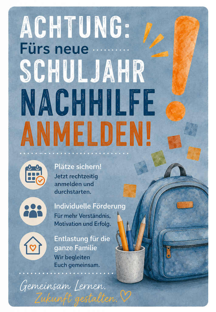 Plakat Nachhilfe Anmeldung Plakat „Achtung! Fürs neue Schuljahr Nachhilfe anmelden!“ mit Schulrucksack, Stiftebecher und Informationen zur Lernförderung.