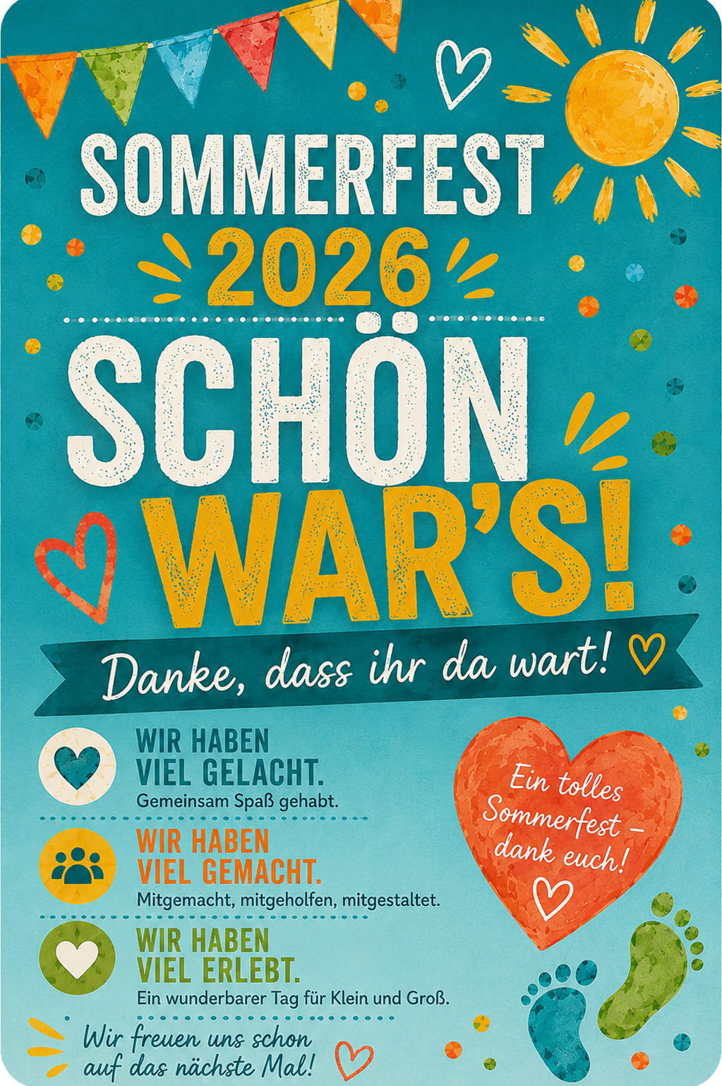 Plakat zum Sommerfest von Tüpfelhausen am 28. August 2026 für Familien mit Spiel, Musik, Essen und Mitmachaktionen.