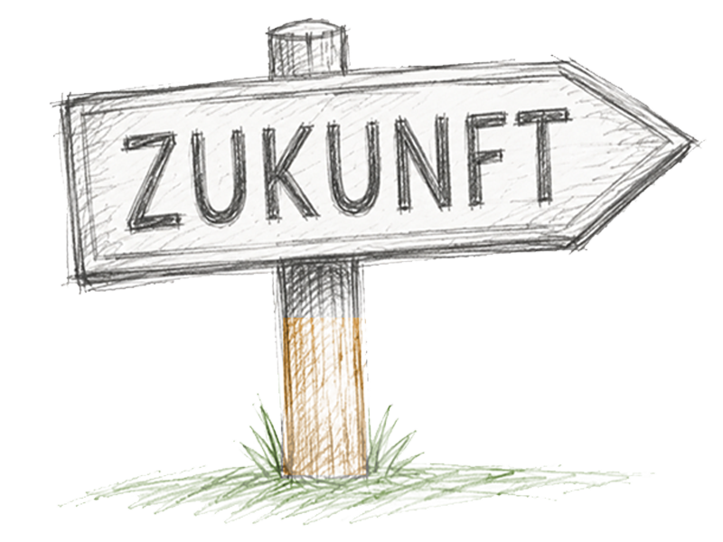Zukunft Handgezeichnetes Wegweiserschild mit der Aufschrift „Zukunft“.