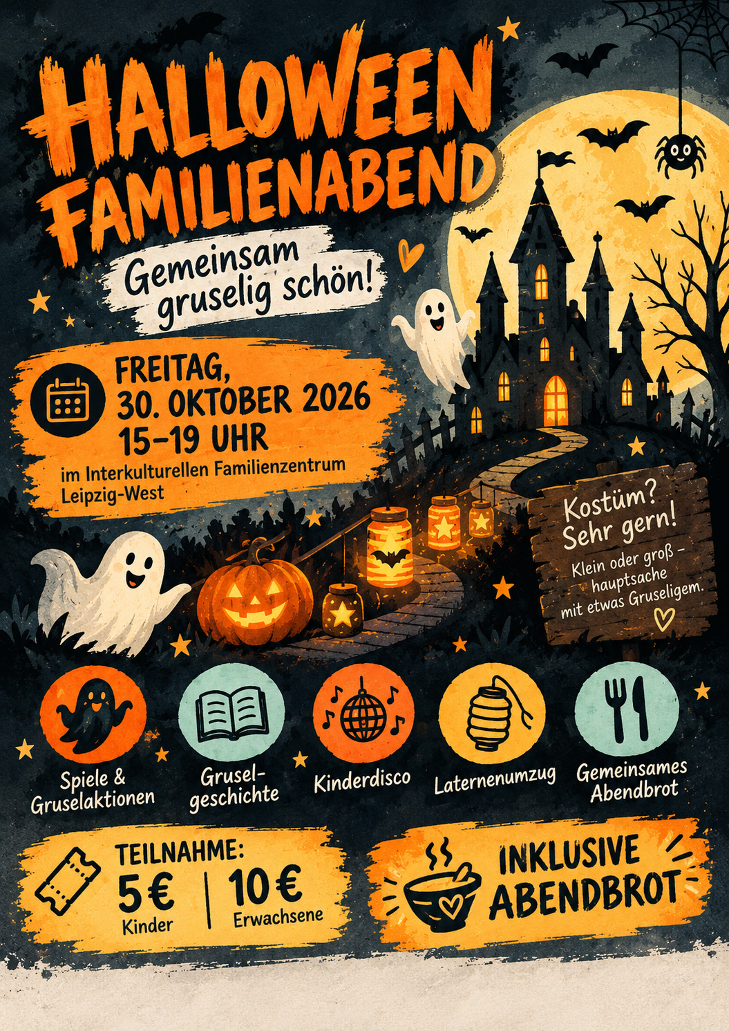 Halloween-Familienabend 2026 Plakat zum Halloween-Familienabend am 30. Oktober 2026 im Interkulturellen Familienzentrum Leipzig-West