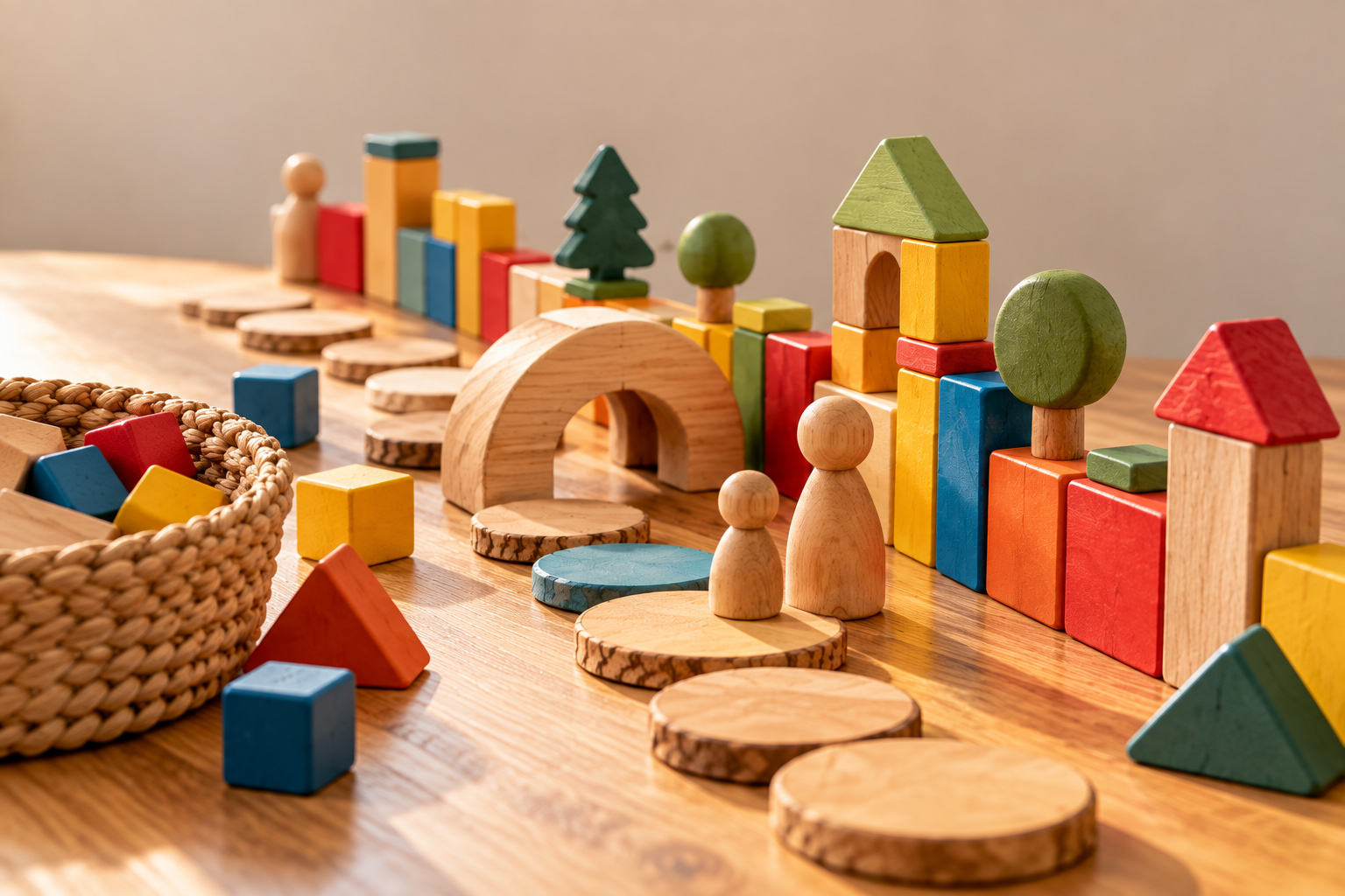 Holzbausteine und ein Weg als Symbol für Grenzen und Orientierung in der Erziehung