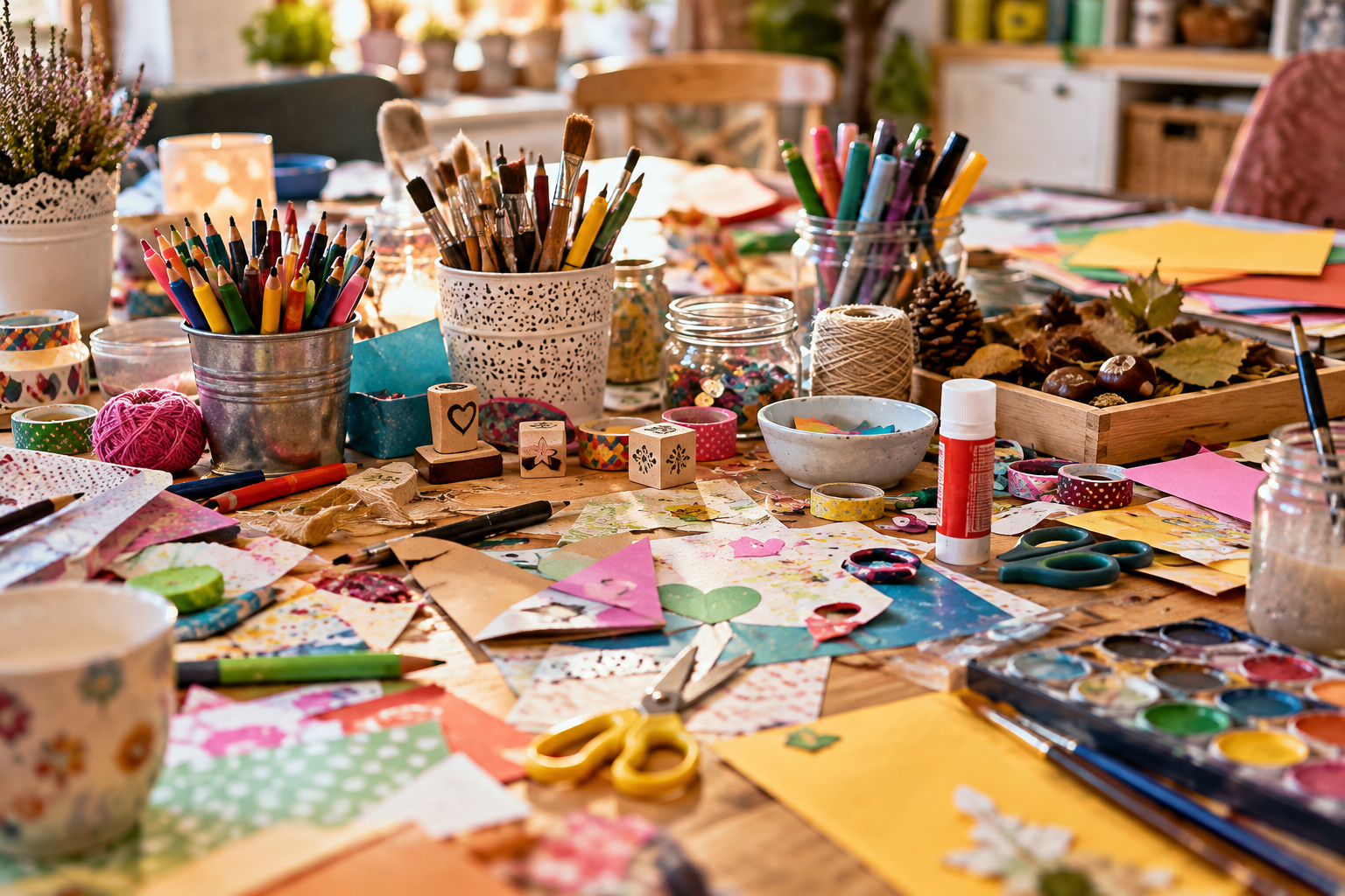 Bunter Kreativtisch mit Papier, Stiften, Farben und verschiedenen Bastelmaterialien