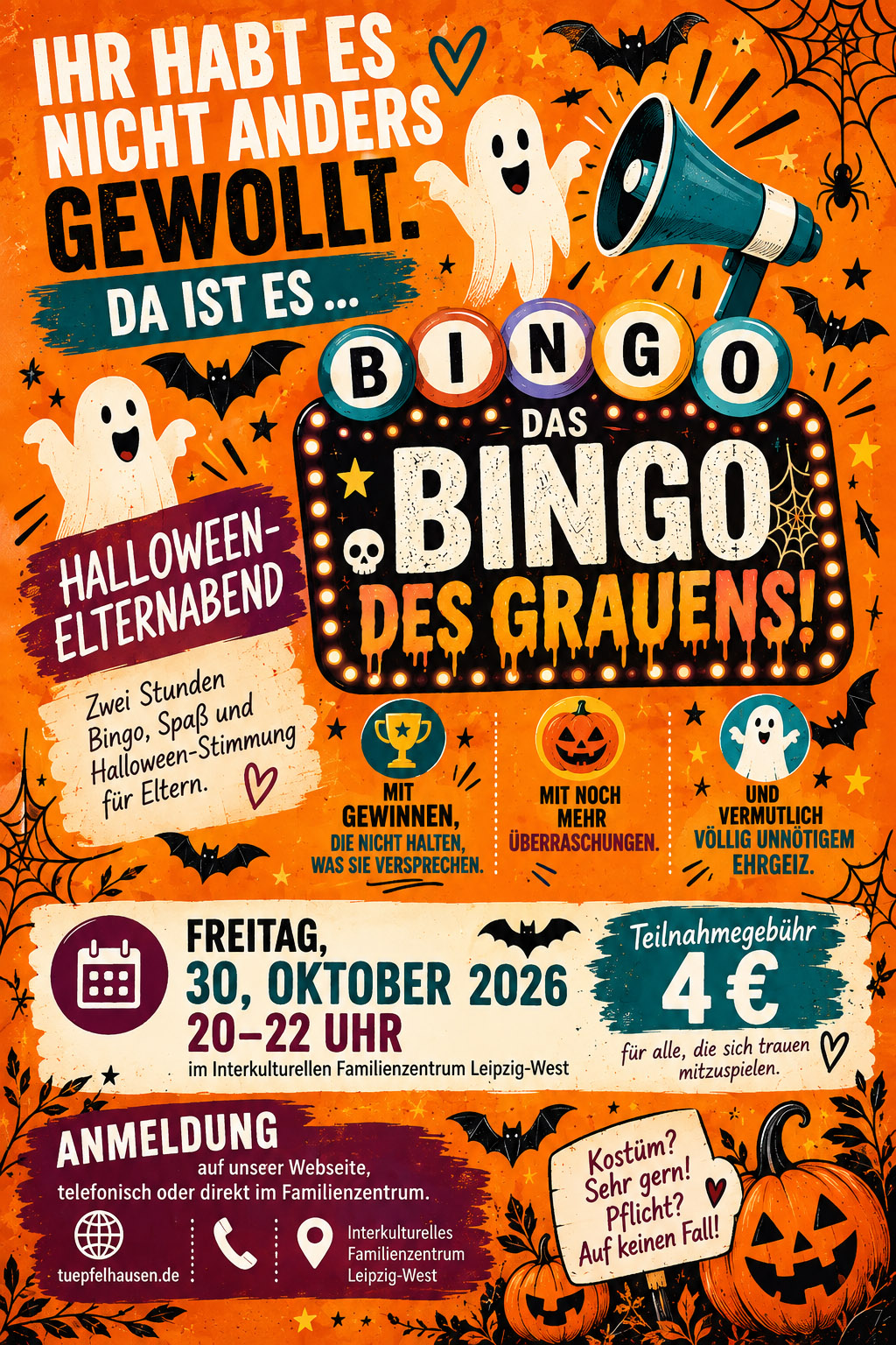 Halloween-Elternabend – Bingo des Grauens Plakat zum Halloween-Elternabend „Bingo des Grauens“ am 30. Oktober 2026 im Familienzentrum