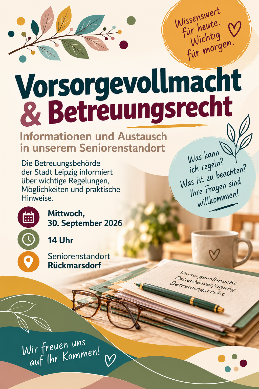 Vorsorgevollmacht und Betreuungsrecht – Rückmarsdorf Veranstaltungsplakat zu Vorsorgevollmacht und Betreuungsrecht im Seniorenstandort Rückmarsdorf am 30. September 2026
