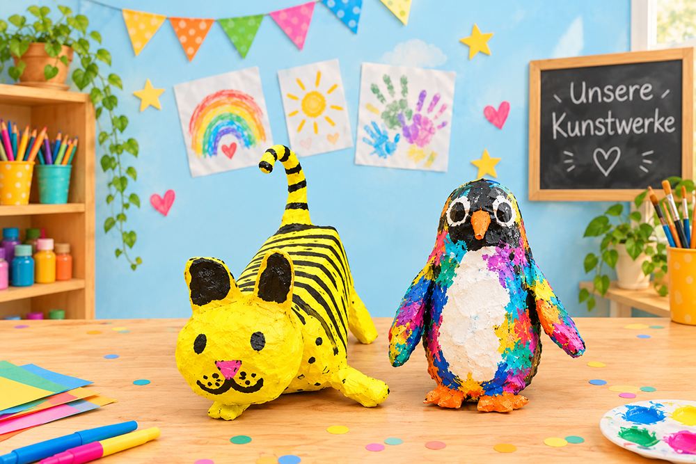 Bunte Pappmaché-Figuren einer Katze und eines Pinguins auf einem Kreativtisch.