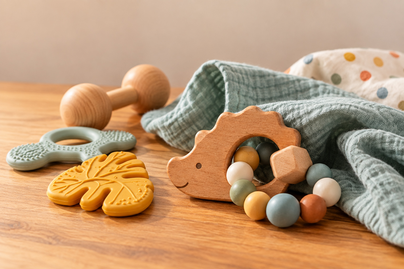 Beißringe und Greifspielzeug aus Holz und Silikon zum Thema Zahnen bei Babys