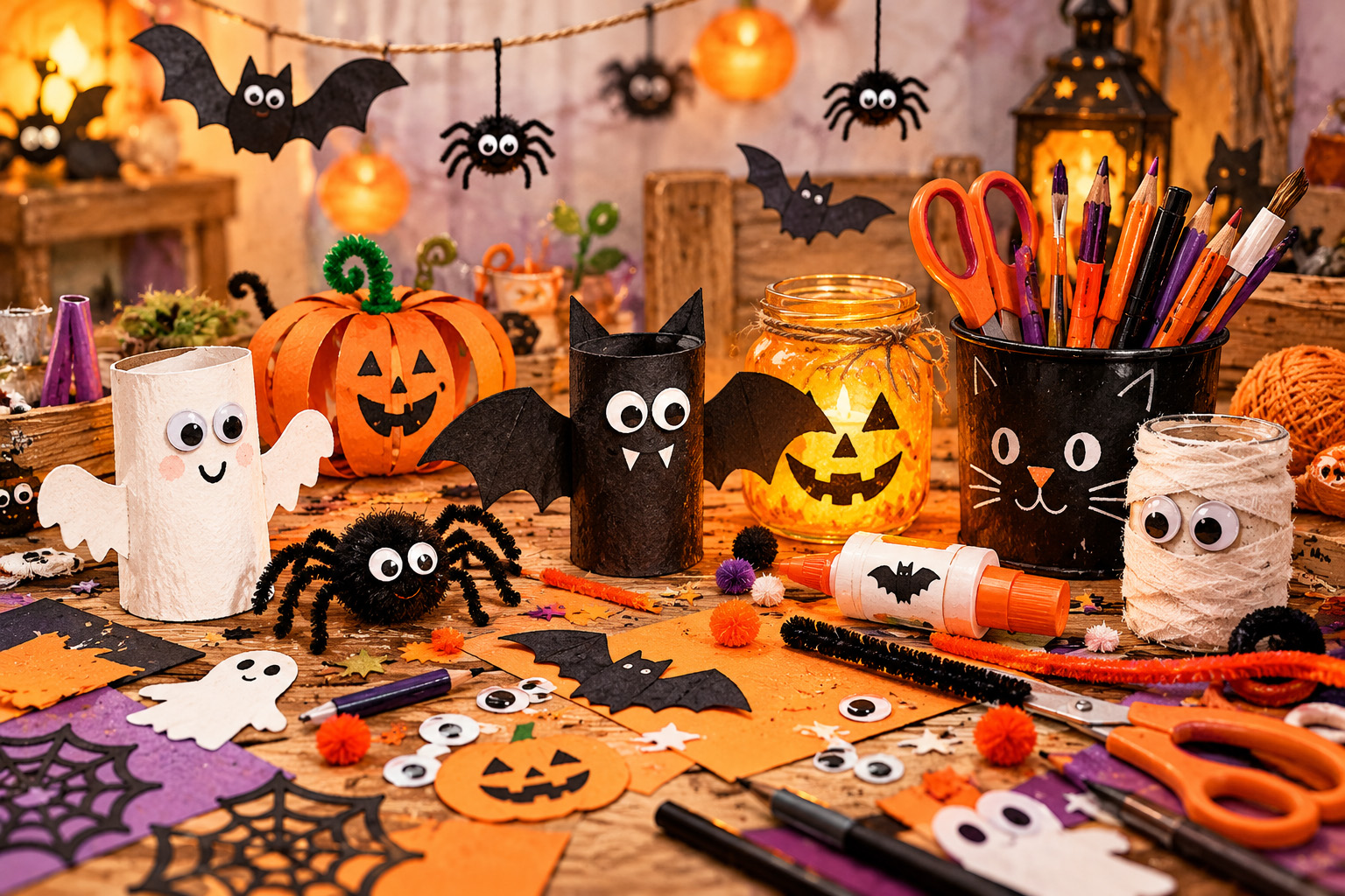Halloween-Basteltisch mit selbst gebastelten Fledermäusen, Gespenstern, Spinnen, Kürbissen und bunten Bastelmaterialien.