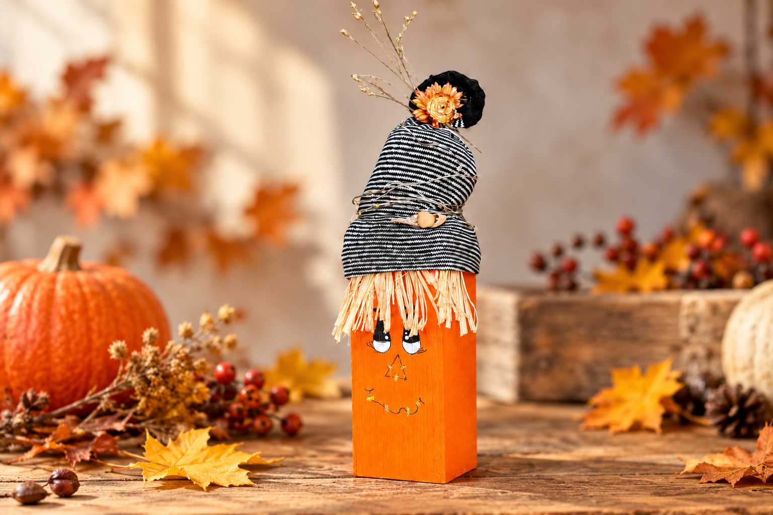 Herbstliche Kreatividee: Kürbisfigur aus einem bemalten Kantholz