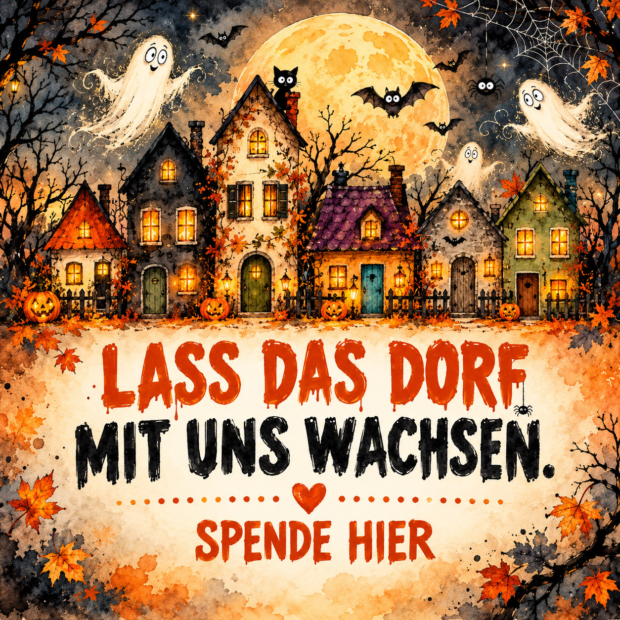 Spukdorf im Mondschein – Gemeinsam Tüpfelhausen wachsen lassen Spende für Tüpfelhausen – Das Familienportal e. V. Ein verspuktes Halloween-Dorf mit leuchtenden Häusern, freundlichen Gespenstern, Fledermäusen und Kürbissen im Mondschein. Aufschrift: „Lass das Dorf mit uns wachsen. Spende hier.“