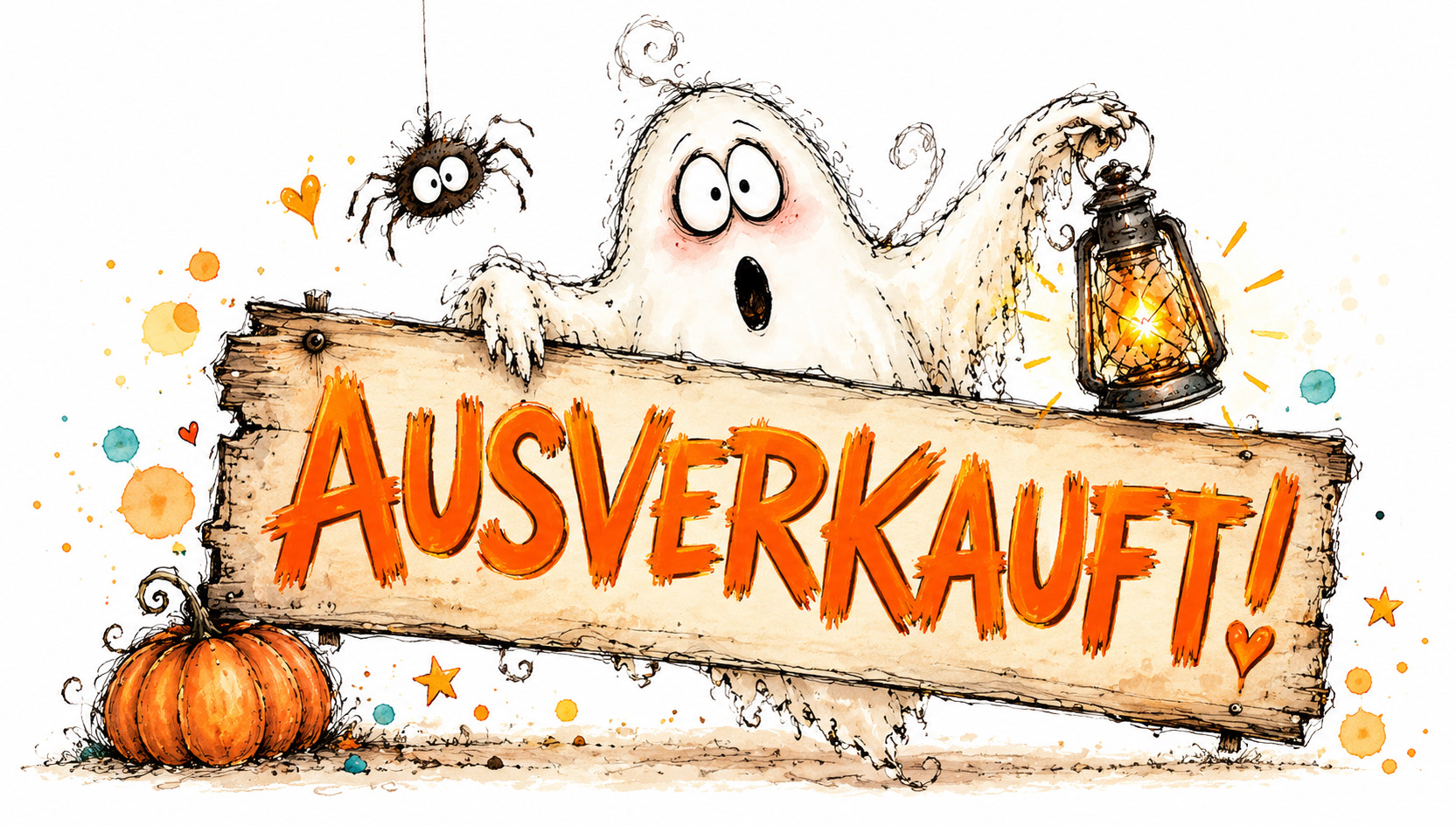 Halloween-Familienabend 2026 – AUSVERKAUFT Halloween-Familienabend im Tüpfelhausen am 30. Oktober 2026 ist ausverkauft. Ein fröhliches Gespenst hält ein Holzschild mit der Aufschrift „AUSVERKAUFT!“ und eine leuchtende Laterne.