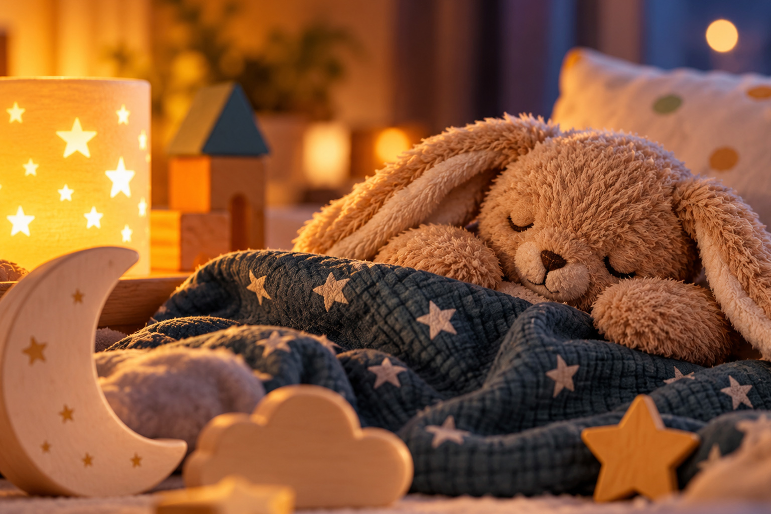 Schlafender Kuschelhase unter einer Sternendecke mit Mond und Sternen als Symbol für kindlichen Schlaf und Träume