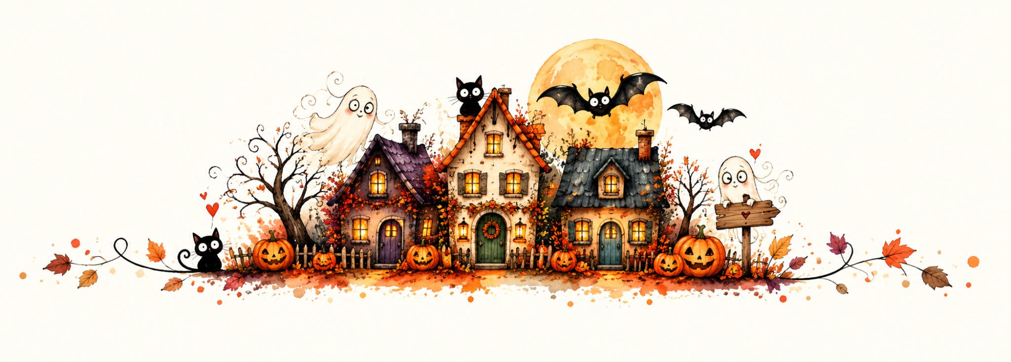 Verspuktes Herbstdorf im Aquarellstil Kopie Halloween im Familienzentrum – Verspuktes Tüpfelhausen-Dorf