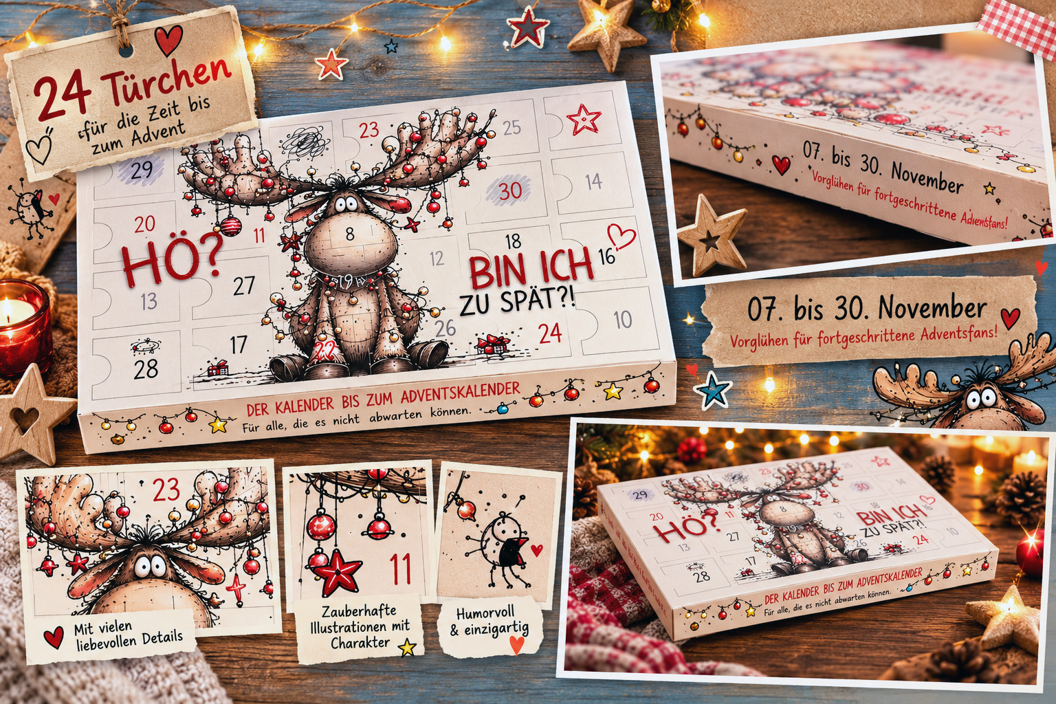 Vor-Adventskalender – Der verpeilte Elch Vor-Adventskalender mit 24 Türchen und einem lustigen Elch mit weihnachtlich geschmücktem Geweih. Festliche Produktcollage mit Detailansichten und Lichterketten.