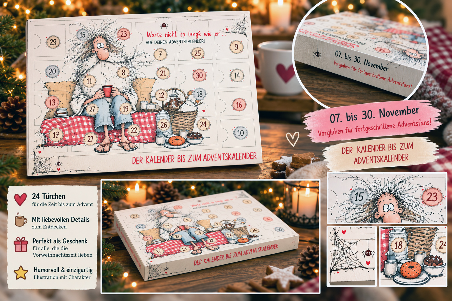 Vor-Adventskalender der_alte_Zausel Vor-Adventskalender mit 24 Türchen und einem lustigen alten Mann mit zerzausten Haaren, Spinnweben und Kaffeetasse, als weihnachtliche Produktcollage.