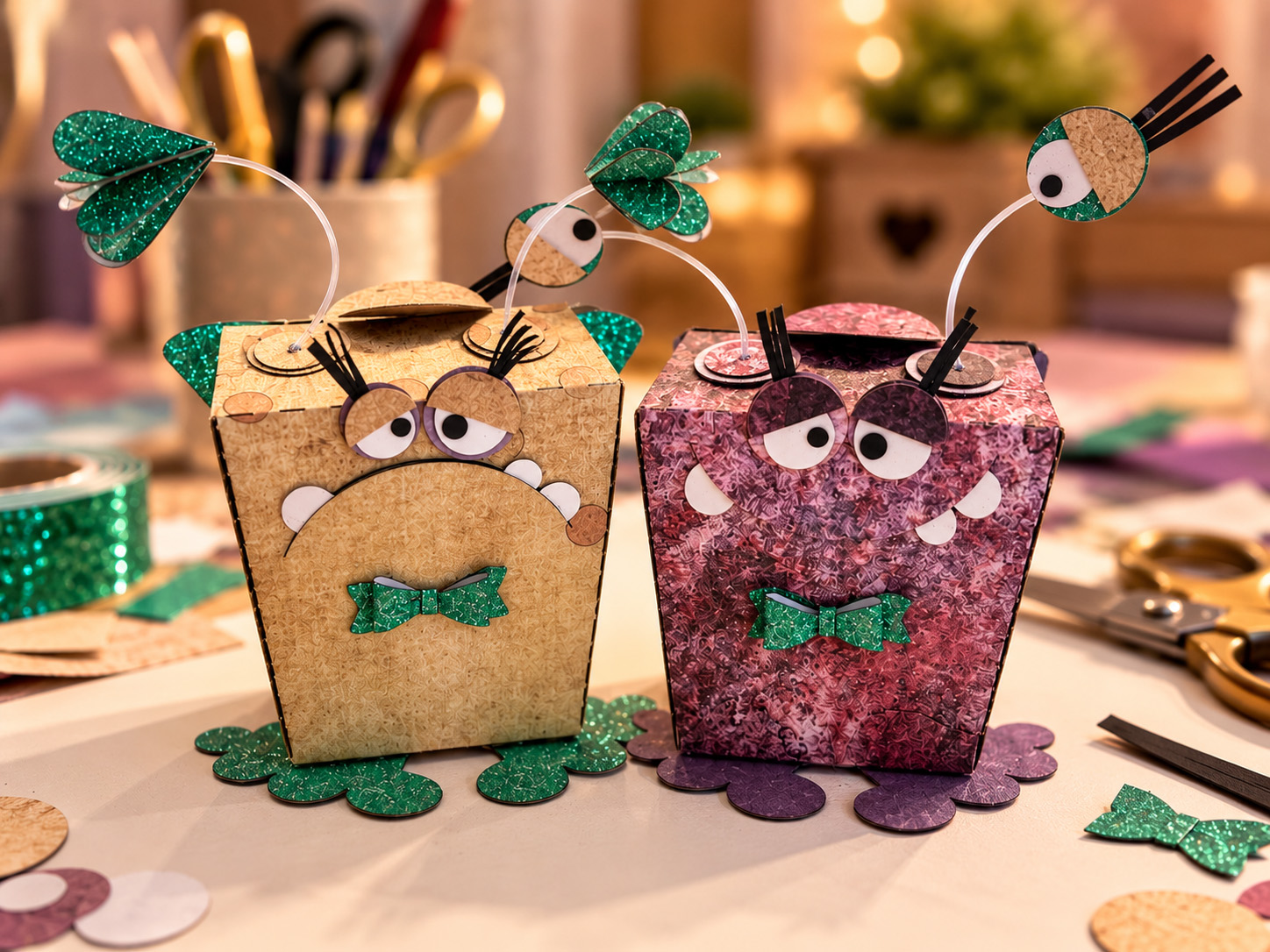 Zwei glitzernde Papiermonster im Bastelzimmer