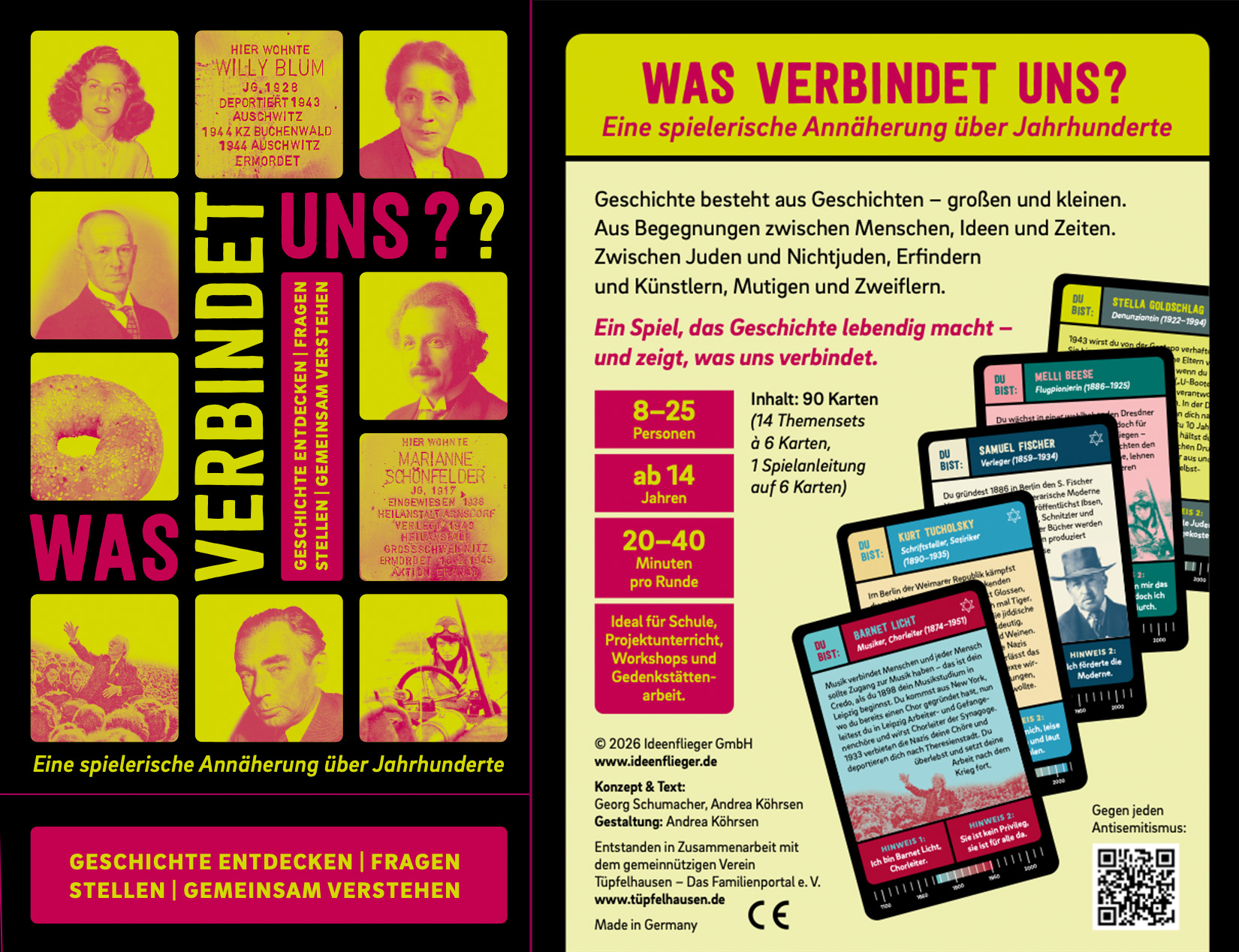 Was verbindet uns? – Bildungsspiel gegen Antisemitismus Cover des Bildungsspiels „Was verbindet uns?“ mit historischen Persönlichkeiten, Spielkarten und Informationen zum Spiel gegen Antisemitismus.