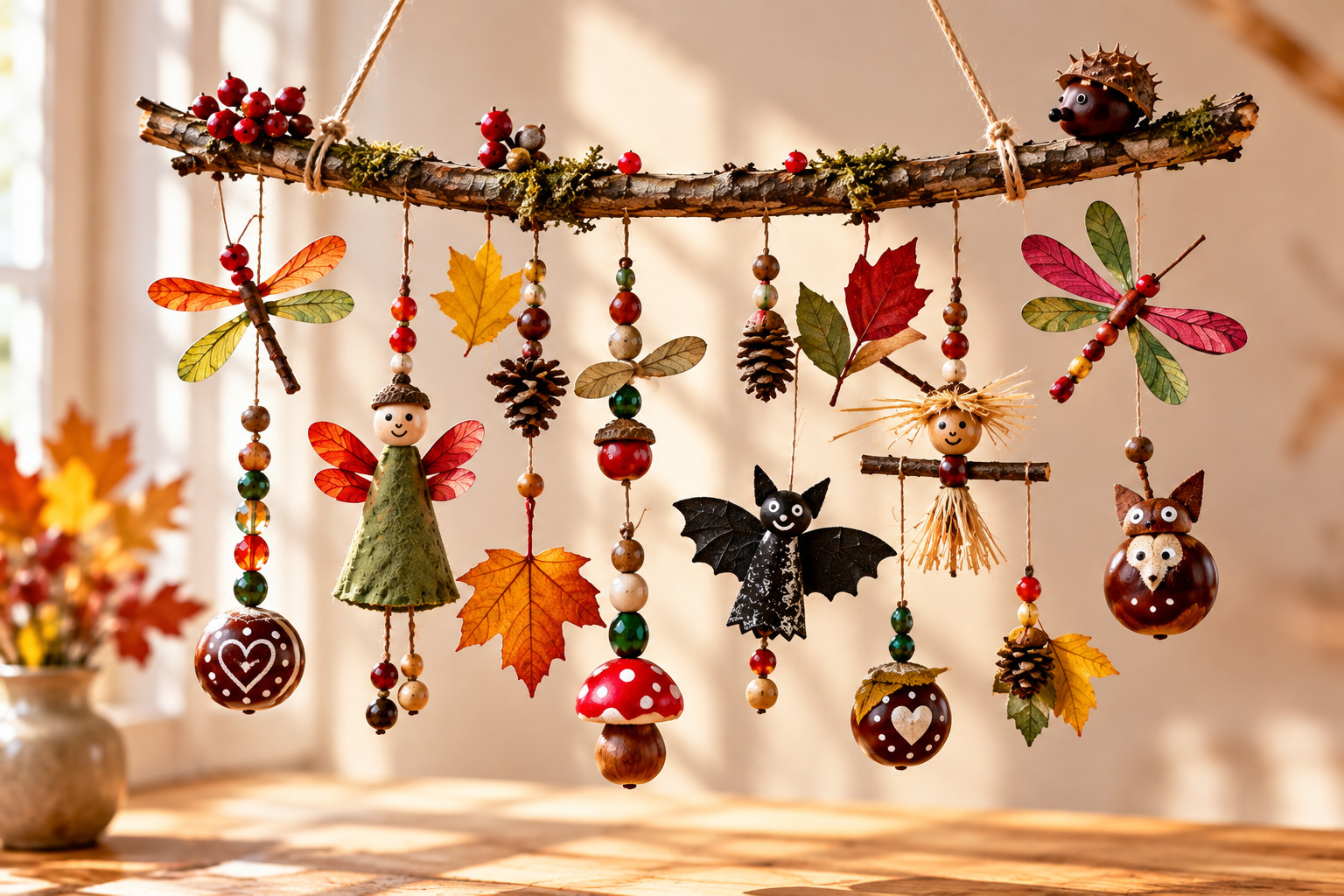 Herbstliches Natur-Mobile aus einem Ast mit selbst gebastelten Waldfiguren, Kastanien, Libellen, Blättern und bunten Perlen.