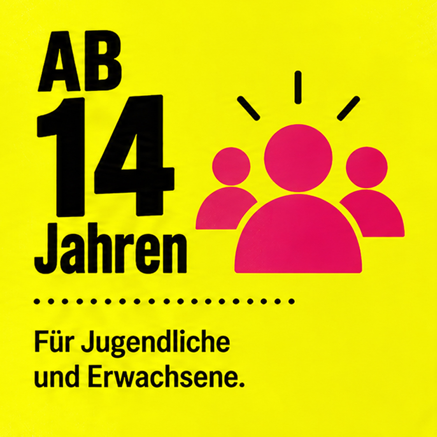 Ab 14 Jahren – Was verbindet uns? Gesellschaftsspiel „Was verbindet uns?“ – ab 14 Jahren für Jugendliche und Erwachsene. Neongelbe Kachel mit schwarzer Altersangabe und pinkfarbenem Gruppensymbol.