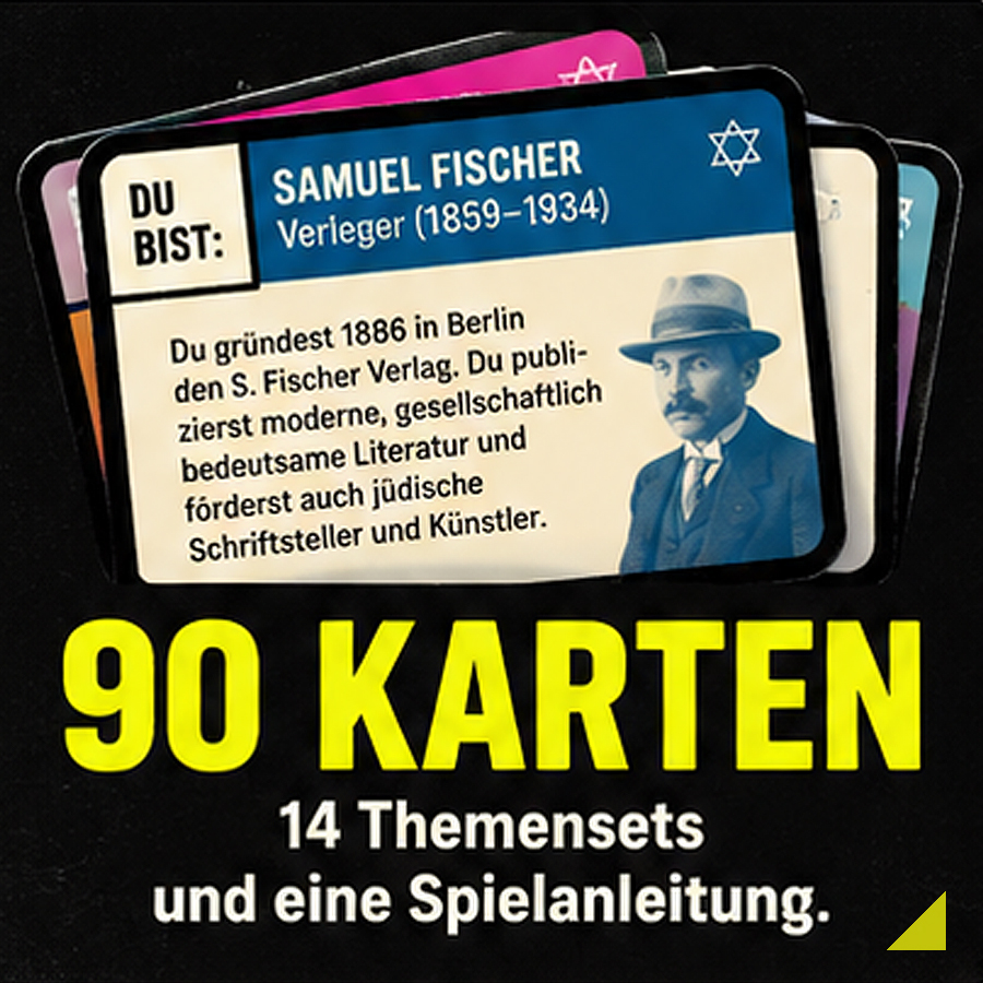 Was verbindet uns? – 90 Karten und 14 Themensets 90 Karten in 14 Themensets und eine Spielanleitung. Abgebildet sind historische Rollenkarten des Gesellschaftsspiels „Was verbindet uns?“.