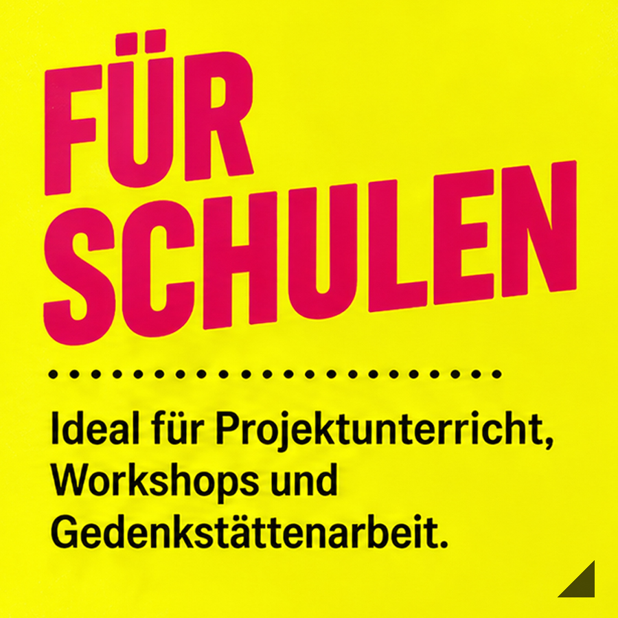 Für Schulen – Was verbindet uns? Gelbe Kachel mit pinker Aufschrift „Für Schulen“. Ideal für Projektunterricht, Workshops und Gedenkstättenarbeit.