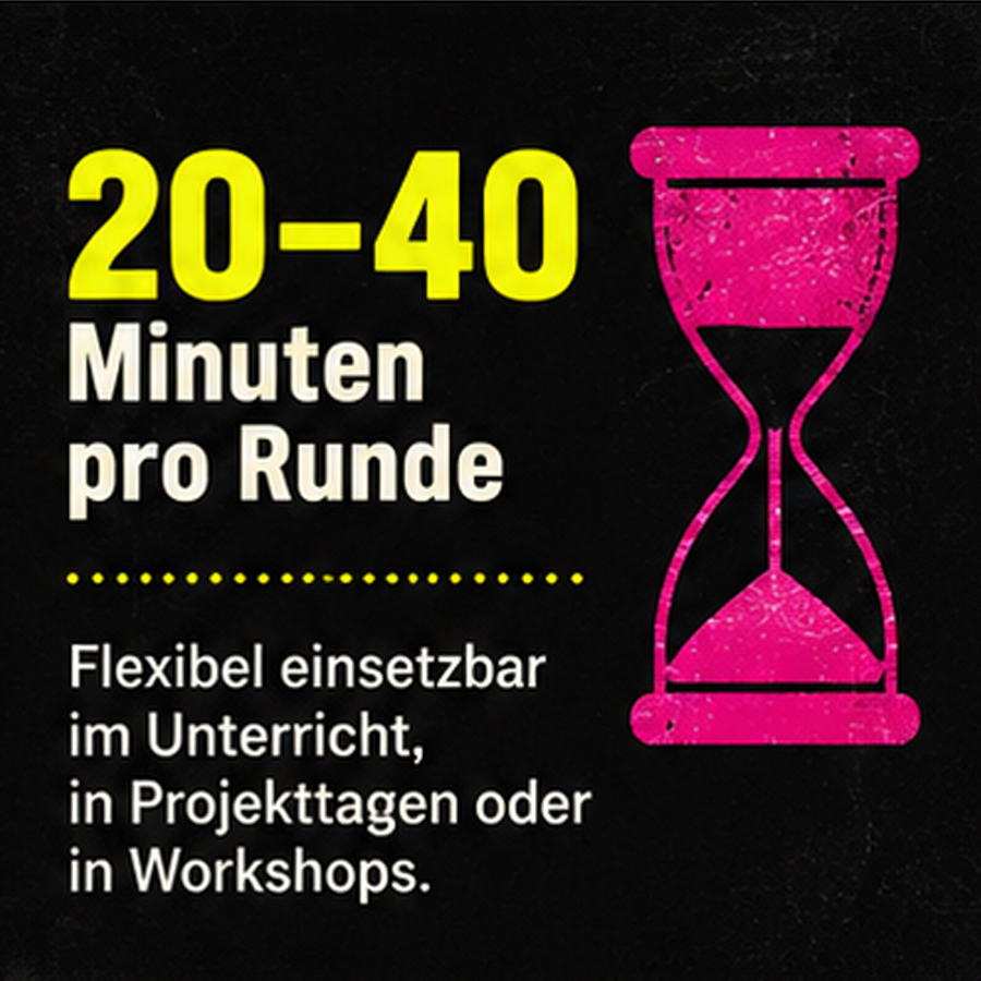 Was verbindet uns? – 20–40 Minuten Spielzeit 20–40 Minuten pro Spielrunde. Das Gesellschaftsspiel „Was verbindet uns?“ ist flexibel im Unterricht, an Projekttagen und in Workshops einsetzbar.
