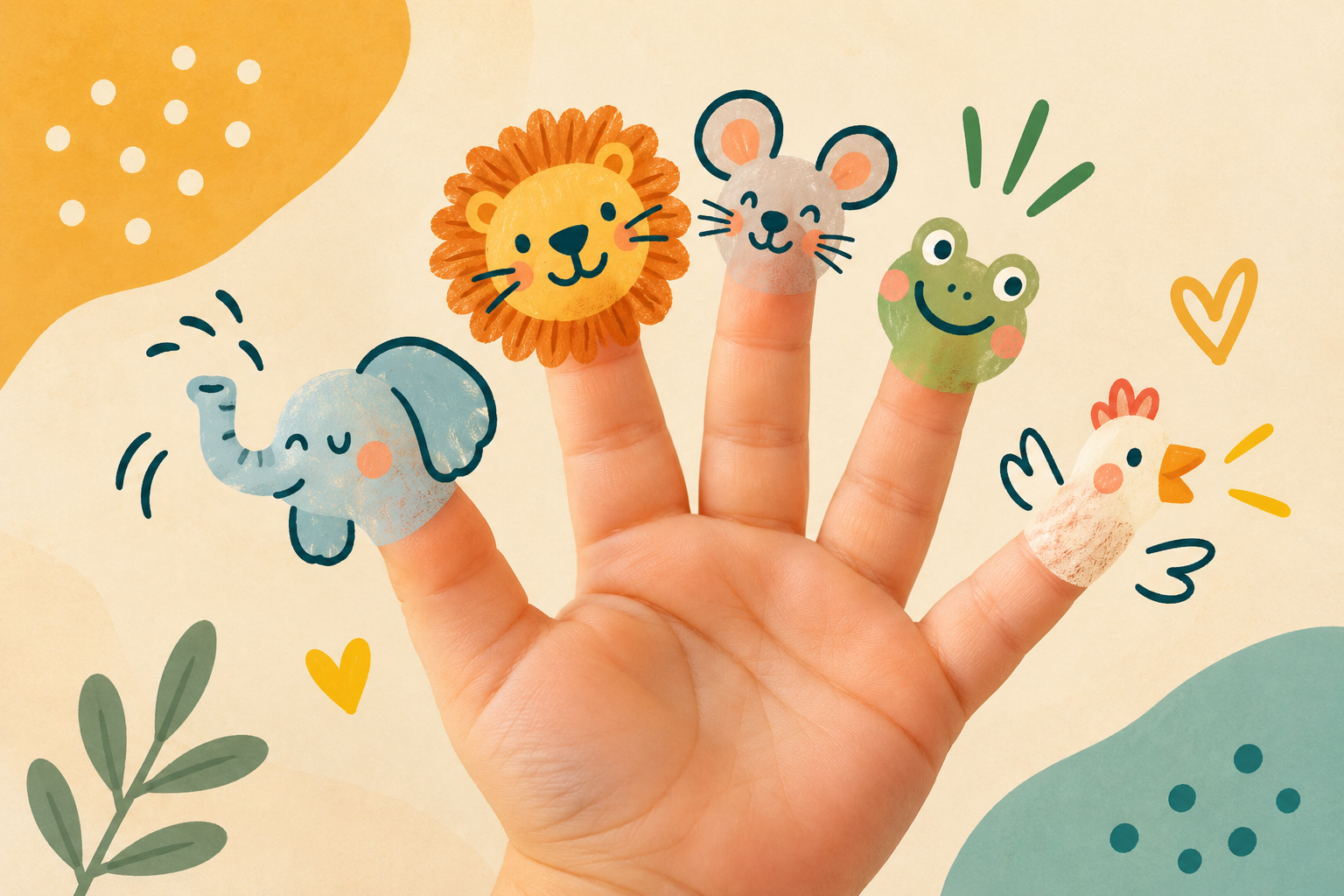 Illustration einer Hand mit fünf fröhlichen Tierfiguren auf den Fingerspitzen – Fingerspiele für Babys in der Eltern-Kind-Gruppe.